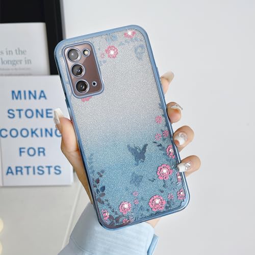 Image of for Note 20 Case,Galaxy Note 20 Case for Women Gradual Change Glitter Crystal Soft TPU Stylish Butterfly Floral Heart Clear Protective Cover with Strap for Samsung Note 20 (Blue)