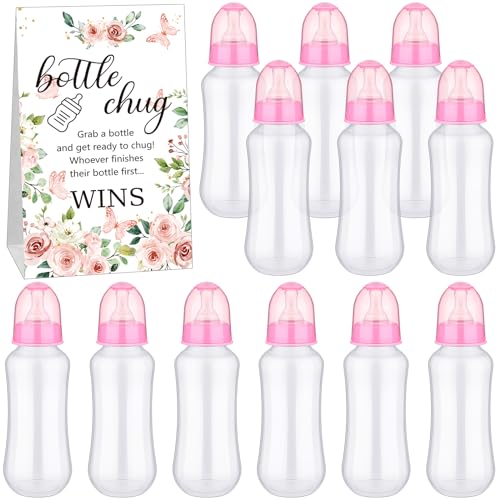 TrelaCo Cool Baby Shower Games Sets 12 Pcs Bottles with 1 Bottle Chug Sign for Gender Reveal Baby Shower Party Favors Decoration Games(Floral,Pink)