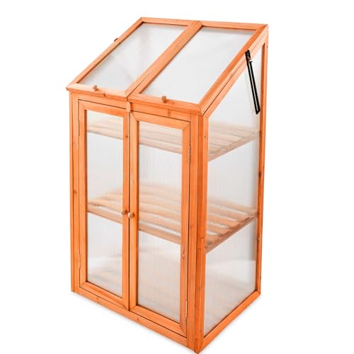 SG Traders Wooden Greenhouse for Garden with Transparent Polycarbonate Panels Outdoor Green House - Wooden Cold Frame with Removeable Shelves Grow House for Plants and Herbs H120 x W69 x D49 cm