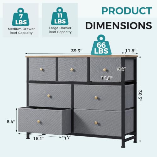 Image of OLIXIS 7 Drawer Dresser for Bedroom, Tall Fabric Storage Tower with Sturdy Steel Frame and Wooden Top, Large Dresser for Living Room Entryway with Easy Pull Fabric Bins, Gray Blue