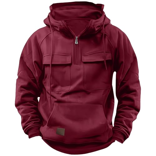 Hello MrLin Red Cargo Hoodies For Men UK Tactical Sweatshirt Zip Up Hoodies Workout Gym Men Fashion Outdoor Work Hoodie Sweatshirts