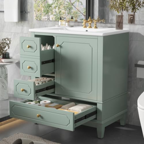 Image of Bellemave 30 inch Bathroom Vanity with Ceramic Sink & 3 Drawers, Bathroom Cabinet with Storage Shelves & Solid Wood Base, Freestanding Vanity Cabinet with Soft-Close Door with Organizer (Light Green /30)