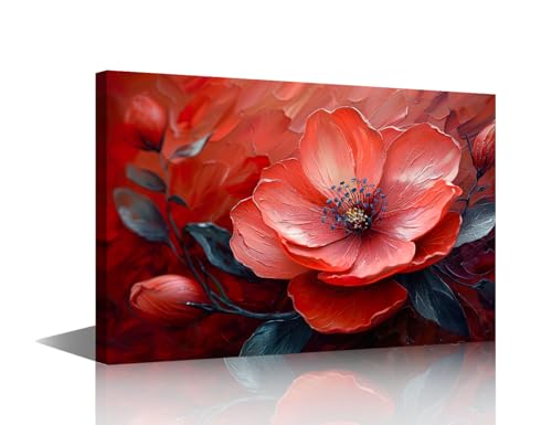 Tableau fleurs rouges 3D sur toile de 91x61 cm avec cadre en bois prêt à poser