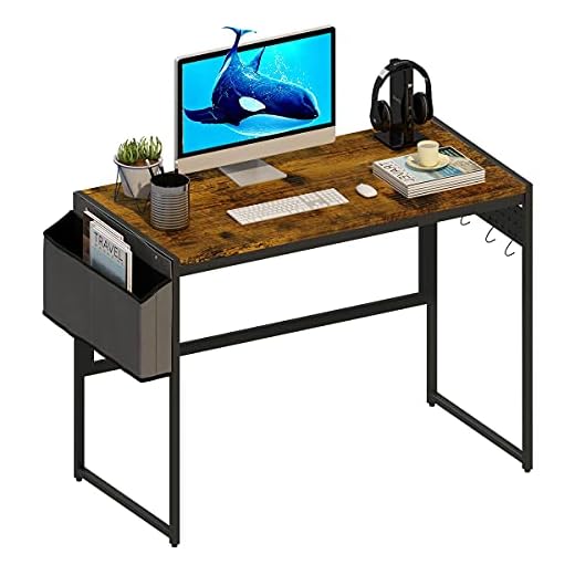 AWQM Computer Desk 39-Inch Writing Desk Home Office Small Study Workstation Industrial Style PC Laptop Table with Storage Bag and 4 Hanging Hooks