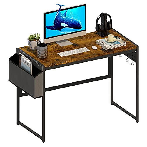 Image of Small Computer Desk for Small Spaces with Storage Bag 4 Hanging Hooks, 39.4x19.7x29.9 inches Modern Rustic Desk Wooden Tabletop and Metal Leg Writing Table for Student Office PC Gaming Sewing Table