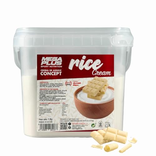 Crema de Arroz - Mega Plus Concept - Crema de arroz en polvo - Sin azúcares añadidos - alto en carbohidratos - Sin Gluten - Sin Lactosa- 1 kg (1 Kg, Chocolate Blanco)