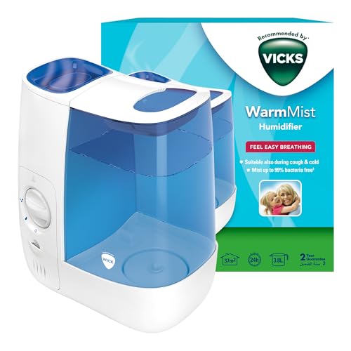 Vicks Warm Mist Humidifier - 3.8 litre tank - More comfortable sleep and easy breathing - Up to 99% Bacteria-Free mist - Rooms up to 37m2 - Bedroom suitable - Essential oil pad included - VH845