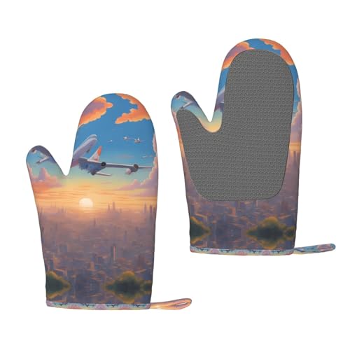 Hermosos guantes de horno de silicona para avión, paquete de 2 unidades, aislados gruesos para hornear al aire libre y microondas