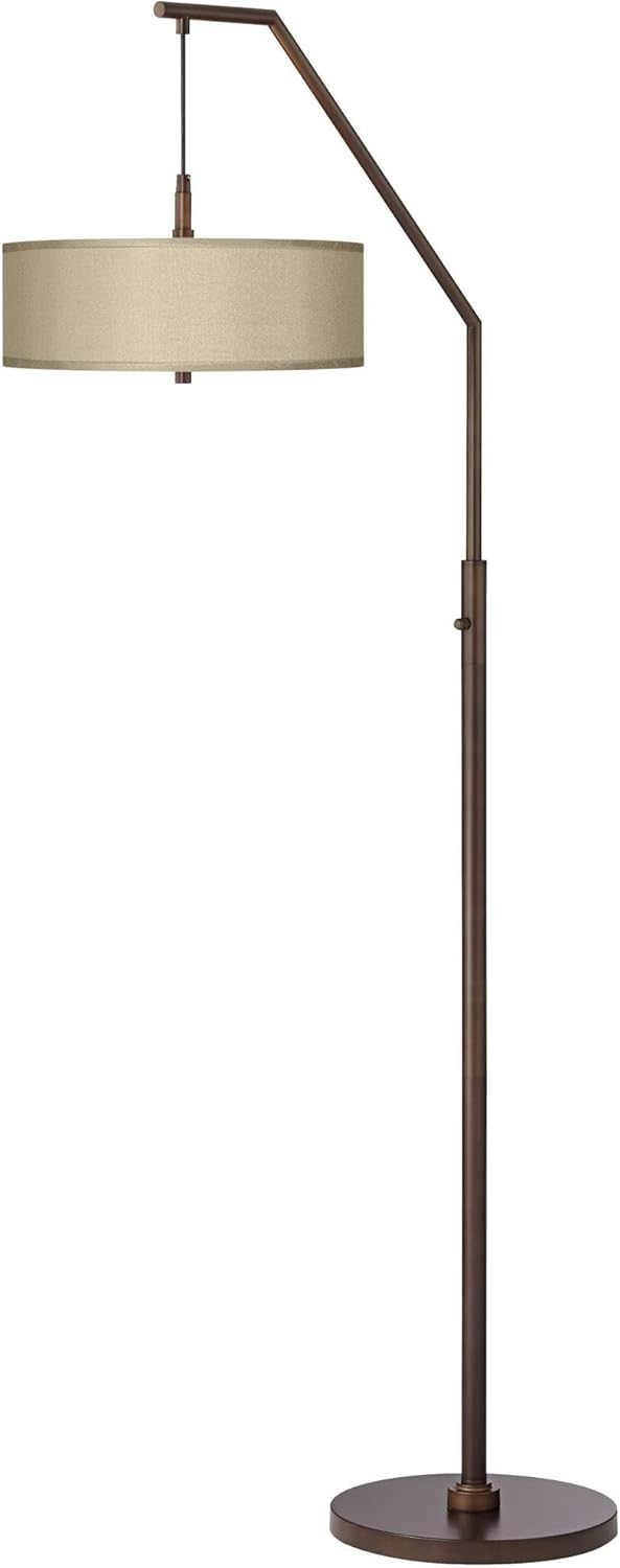 Possini Euro Design Modern Arc Floor Lamp Standing 71 1/2" Tall Oil Rubbed Bronze Metal Downbridge Sesame Fabric Drum Shade with Diffuser for Living Room Reading Bedroom Office House Home Decor