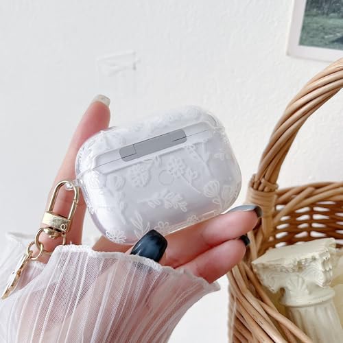 Image of MINSCOSE for with AirPods Pro 2 Clear Case,Cute Flower Floral Aesthetic Design with Flowers Keychain, Soft TPU Protective Shockproof Case for Women Girl for Airpod Pro 2-White