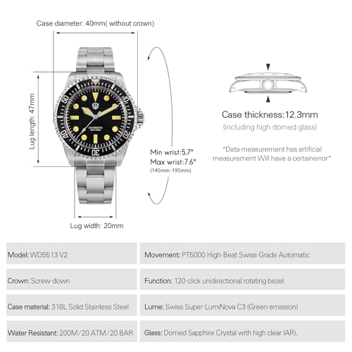 Image of watchdives WD5513 Vintage Sub Dive Watch, PT5000 Automatic Watches 38mm Sapphire Crystal Wristwatch 200m Waterproof Watch