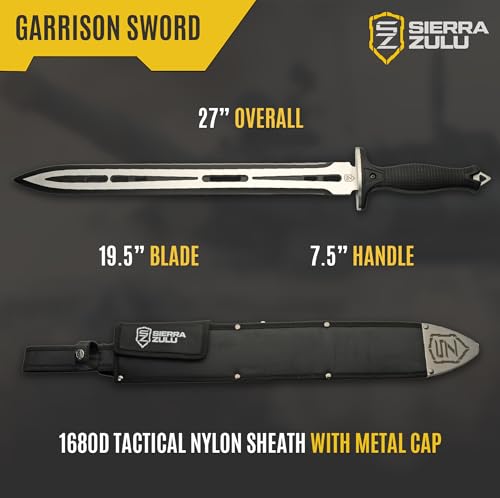 Sierra Zulu Garrison Sword - 7CR13 Stainless Steel, 27.0 inches Overall, 19.5” Blade with Two Tone Powder Coated Finish - Black Glass Fiber Handle, Tactical Nylon Sheath with Reversible Wear Strap