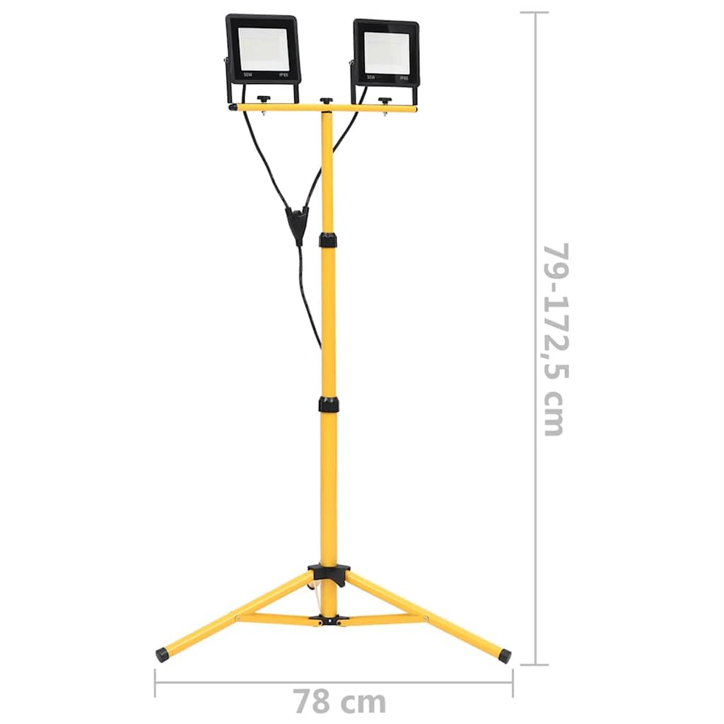 Foco LED con trípode, 2 x 50 W, luz blanca fría, carcasa de aluminio, 7000 lúmenes, ángulo de haz de 120°, cable de 3 m, altura ajustable, resistente para obras, taller, jardín, terraza
