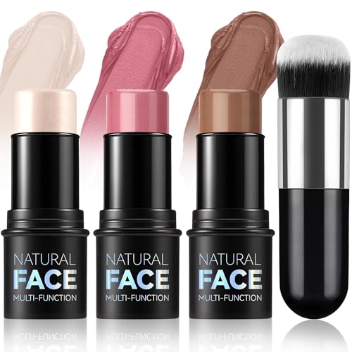 3Pcs Contour Highlighter Blush Sticks, Bronzer Contour Beauty Wand with Brush, Highlighter Cream Blush Stick, Long Lasting Smooth Waterproof Lightweight Multi Stick Face Makeup Set for All Skin