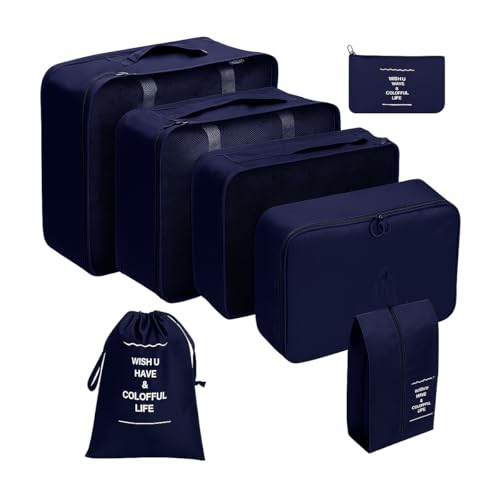Organizador Viagem Kit 7 Peças - Necessaire para Bagagem Malas Roupas Bolsa Cosméticos Higiene - Dobrável Impermeável Multiuso Feminina Masculina Unissex Grande Compacto Prático (AZUL)