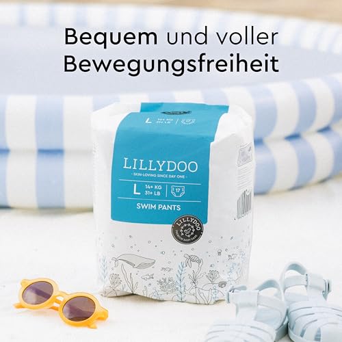 LILLYDOO hautfreundliche Einweg-Schwimmwindeln für Babys, Größe L (14+ kg), 1 Packung (17 Stück) mit Unterwasser-Design, Windeln für sicheren Schutz im Wasser