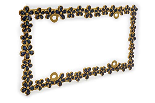 Creathome 3D Shining Daisy Wrenth License Plate Frame From Pure Zinc Alloy Metal Perfect Plate Holder,Matt Gold With Black Glitter #TOP2