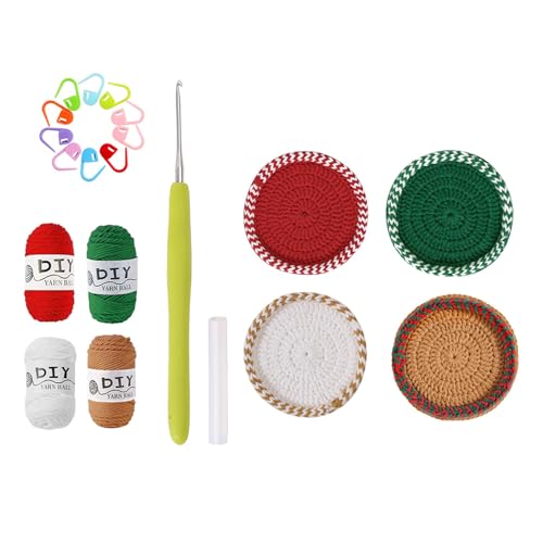 Dcfbkl Set di sottobicchieri natalizi all'uncinetto Starter Kit di filati fatti a mano con gancio Marcatori per cuciture a filo Starter Fornitura di lavoro a maglia natalizia