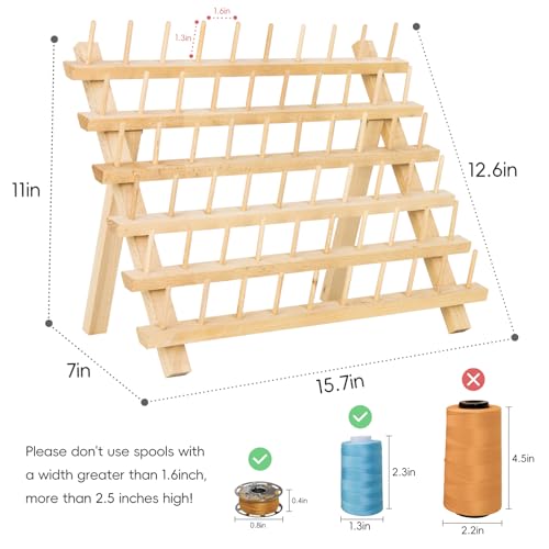 60 Spools Thread Holder Organizer with Hanging Hooks, Wall Mounted Thread Rack, Wooden Thread Holder for Wall, Sewing Organization for Embroidery Quilting, Hair Stand Durable Hair Braiding-Smooth Wood