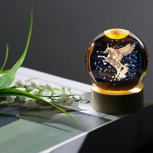 Image of STARKENDY3D Unicorn Horse Crystal Ball LED Night Lamp, Creative Engraved Night Light Wooden Base, Warm White Decorative Table Lamp for Home, Office, Bedroom, Birthday Gift