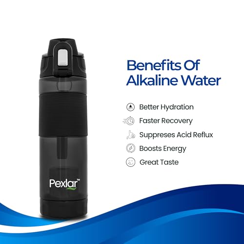 Image of Pexlar Tritan Multi Stage Alkaline Water Filter Bottle | Alkaline Water Generator | Water Bottle with Filter inside | Black | 650 ml | Multirich Mineral Water - BPA Free