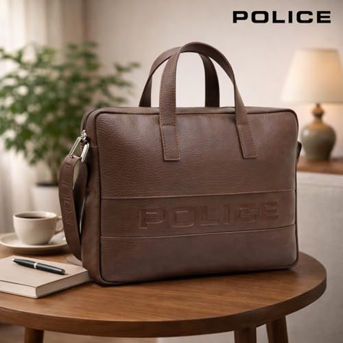 Image of Police 14 Inch Laptop Briefcase for Men | Premium Textured Leather Office Bag with Padded Laptop Compartment | Branded Adjustable Shoulder Strap | Professional Business Messenger Bag | Brown