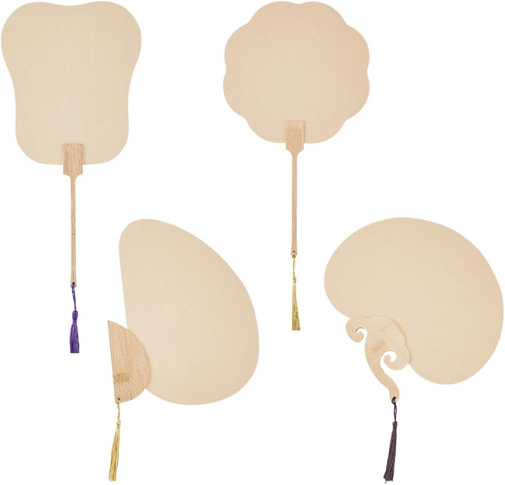 GORGECRAFT 4 Styles Blank Chinese Paper Hand Fans Assorted Shape Handmade Painting Clacking Line Dancing Popping Fan Handheld with Tassel for DIY Home Decoration Wedding Party Favor Supplies