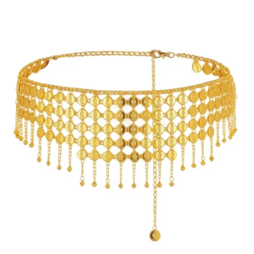 YFHUVB Belly Dance Hip Scarf, Adjustable Waist Design with Tassel Details, Elegant Belly Dance Skirt for Belly Dancers, Halloween Parties Music Festivals Dancer Costumes Gold