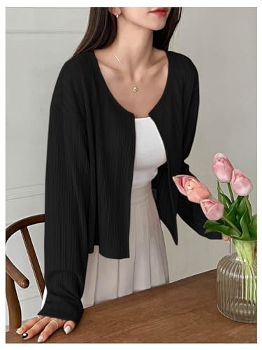 Image of MakeMeChic Women's Long Sleeve Button Open Front Lightweight Cropped Cardigan Sweaters Black Small
