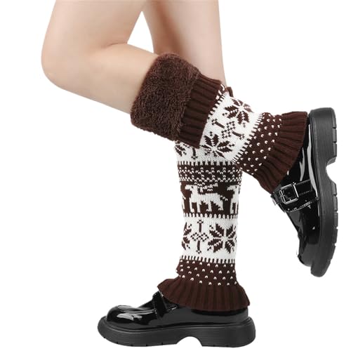 Image of Women Fall Winter Knit Leg Warmers Christmas Snowflake Elk Print Fleece Lined Boot Cuffs Holiday Socks