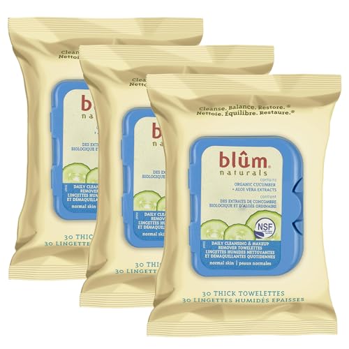 Blum Naturals Daily Normal Skin Cleansing Towelettes with Cucumber, PACK OF 3 (90 Count Total)