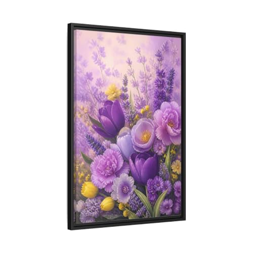 Toile florale violette grand format 50x75 cm cadre noir deco murale salon vertical