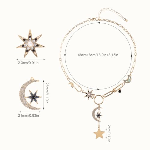 Gold Charm Necklace, Sun Moon and Star Necklace Boho Paperclip Necklace Vintage Chunky Pendant Necklace Jewelry Gift for Women Birthday2