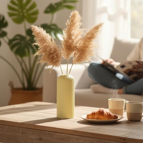 Image of KREATIVE ART'S Modern Ribbed Design Ceramic Flower Vase for Living Room, Flower Pots for Artificial Flower, Home Decoration Item, Home Decor, Vases for Living Room (Yellow, Medium)