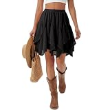 Women's Chiffon Mini Skirt Flowy Ruffle Lace Tulle Skirts Boho Skirt Western Cowgirl Skirt High Waist Asymmetrical Skirts Black