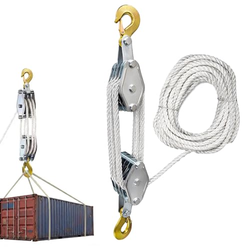 YOZAIUUI Block and Tackle Pulley System: Heavy Duty Alloy Pulley Block with 20m Rope 4400lbs Max Load Rope Hoist Pulleys System for Lifting Hunting Garage Heavy Objects
