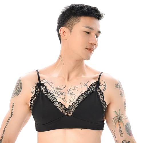 QJDFLL Hommes Sexy Gay Dentelle brassière Culotte séduisant Boxeurs Combinaison Dame Pyjamas(Le Noir,S)
