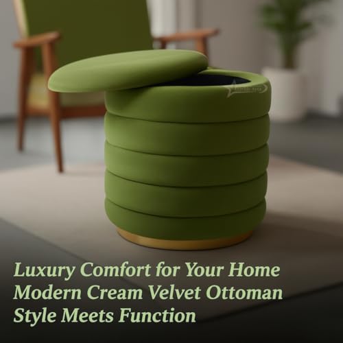Image of Round Velvet Single-Strip Office Stool Foot Rest Stool, Linen Fabric Padded Seat Pouf Ottoman, 15 X 15 X 19 inch, Round Shape for Living Room, Office, etc. Pista Green