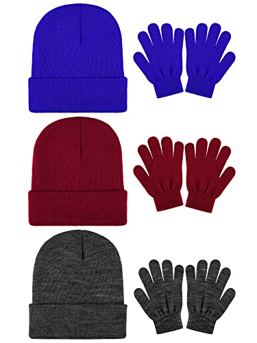 Cooraby 6 Pack Kid's Winter Beanies Hat Full Fingers Gloves Set Skull Winter Caps Stretchy Gloves for Boys Girls