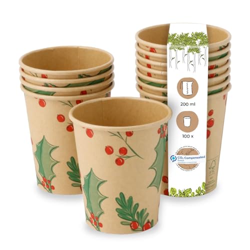 BIOZOYG 100 gobelets de 200 ml Branches' d'hiver pour café à emporter biodégradables à usage unique. Gobelets en carton compostable non blanchi pour le marché d'hiver.'