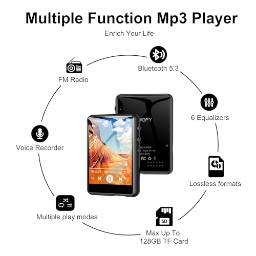 Image of SWOFY 64GB MP3 Player with Bluetooth 5.3, 2.4-Inch Full Touch Screen, Portable Lossless Sound Music Player with HD Speaker, MP3 with FM Radio Recording e-Book, Record, Earphone Included-Gray