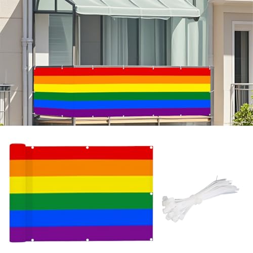 SK Studio Balkon Sichtschutz 90x300cm Balkonverkleidung UV-Schutz Windschutz Wasserdicht Blickdichte mit Kabelbinder für Garten Balkon Zaun Terrassen, Regenbogen