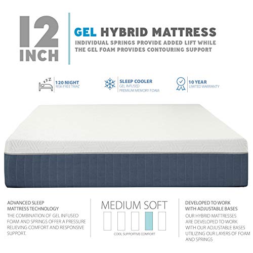 Blissful Nights Premium Adjustable Bed Frame And 12 Inch Hybrid Gel Infused Memory Foam Mattress Medium Soft Feel Certipur-Us Certified (Split King) #TOP5