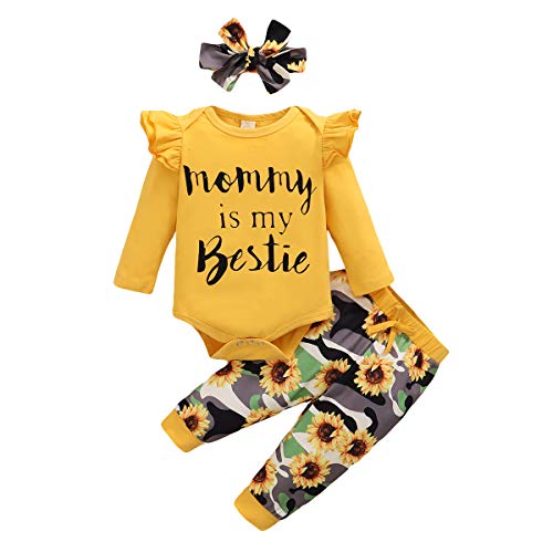 Baby Girl Clothes Newborn Girl Long Sleeve Ruffer Onesies + Floral Pants + Headband Sets Infant Girl Outfits Yellow