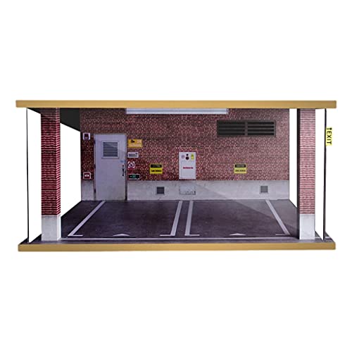 Amagogo Acryl 1/18 Szenerie Diorama Simulation Parkplatz Mini Auto Doppelgarage mit LED Lichttisch Dekor Sammlung, Rote Backsteinmauer