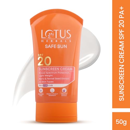 Image of Lotus Herbals Safe Sun Sunscreen Cream - Breezy Berry | SPF 20 | PA+ | Sweat & Waterproof | Non-Greasy | 50g