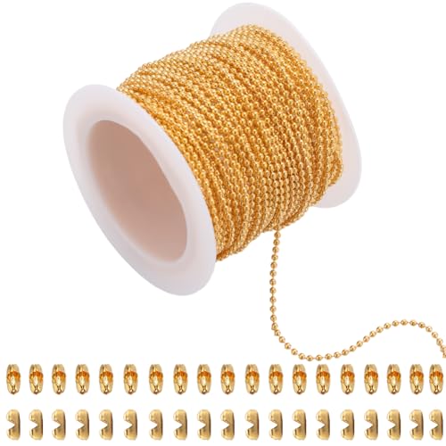 SUNNYCLUE 50Pcs 33 Feet/10m 1.5mm Dog Tag Chains Gold Ball Bead Chain Bulk Roll Metal Brass Golden Pull Extension Key Matching Connectors with Ball Clasps Beaded Chains for jewellery Making DIY Crafts