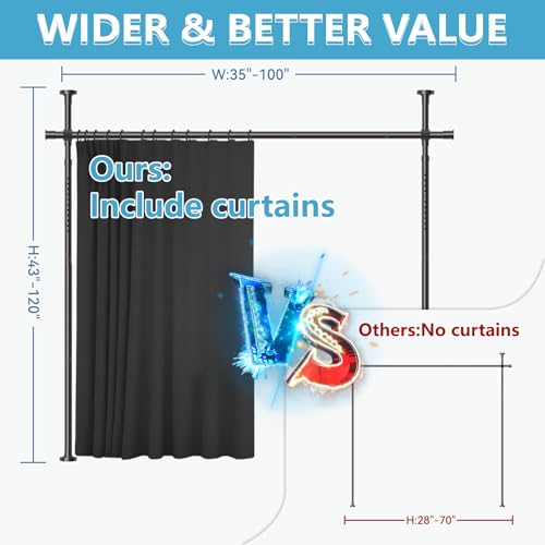 Image of JILRON No-Drill Room Divider Curtain Set: Includes 106 inch W x 96 inch L Black Curtain & Adjustable Pole Brackets (35-100 inch W x 43-120 inch H Adjustable Range)