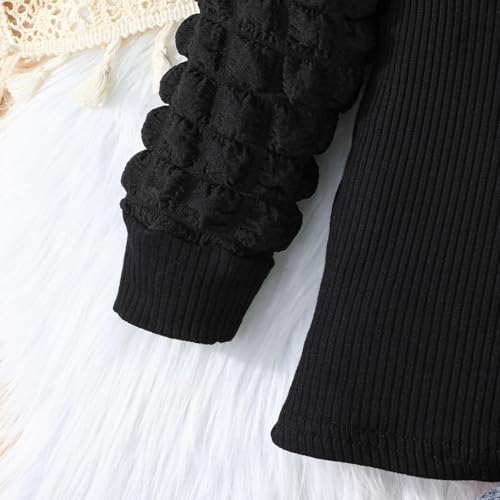 Image of Toddler Girls Christmas Outfits Girls Puff Sleeve Knit Ribbed Tops Button Down Vest Plaid Skirt Set Winter Clothes