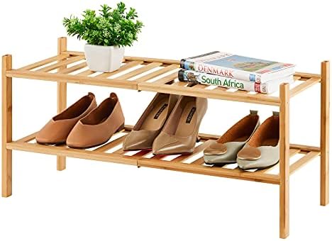 viewcare 2-Tier Bamboo Shoe Rack for Entryway, Stackable | Foldable | Natural, Shoe Organizer for Hallway Closet, Free Standing Shoe Racks for Indoor Outdoor